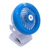 Go Fan Portable Cooling Fan Mist USB Rechargeable, in white and blue, with a clip-on base and a central misting nozzle.