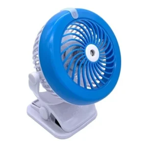 Go Fan Portable Cooling Fan Mist USB Rechargeable, in white and blue, with a clip-on base and a central misting nozzle.