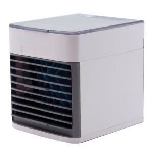 Portable Mini Air Cooler Rechargeable USB Cooling Fan, Northern Chill Mini, in white and grey, showing the front grille.