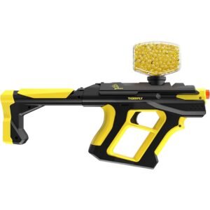 Tiger Fly Gelbee Blaster in black and bright yellow, with a clear hopper full of yellow gel beads mounted on top.