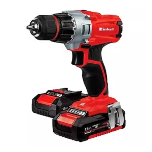 Einhell TE-CD 18/2 Li Kit, a powerful 18V cordless drill, in a red and black design with two 1.5Ah lithium batteries.