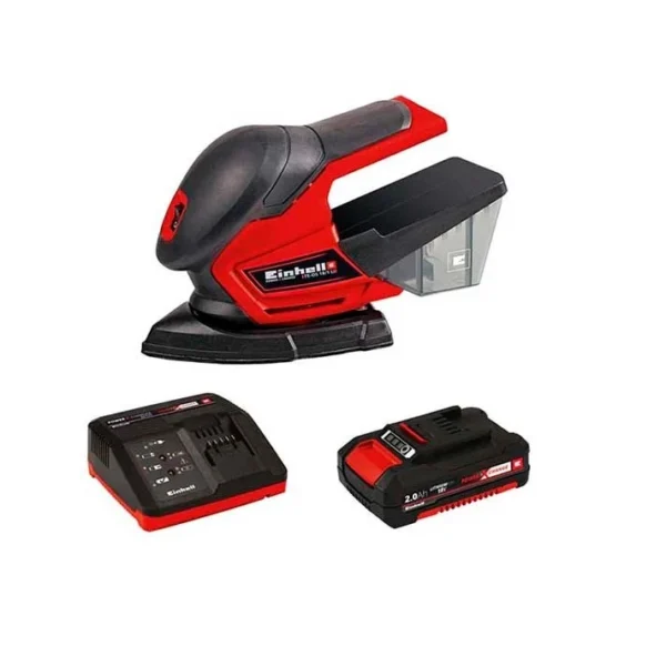 Einhell 18V Cordless Multi Sander Kit (TE-OS 18/1 Li), a detail finishing tool in red and black, shown with a 2.0Ah battery and charger.