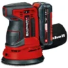 Einhell Power X-Change 18V Cordless Random Orbital Sander, a red and black woodworking tool shown with a 2.0Ah battery and a dust collection bag.
