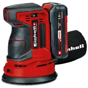 Einhell Power X-Change 18V Cordless Random Orbital Sander, a red and black woodworking tool shown with a 2.0Ah battery and a dust collection bag.