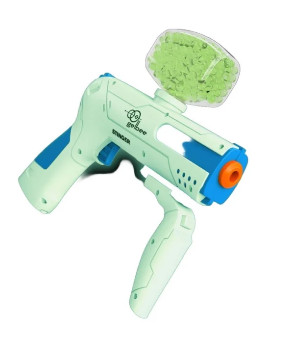 Gelbee™ Stinger Fully Automatic GLOW Gel BB Pistol in white and blue, with a clear hopper filled with green glow-in-the-dark gel beads on top
