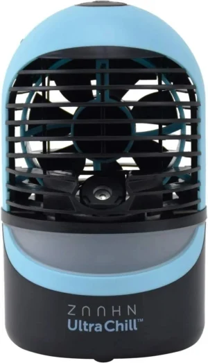 New Zaahn Ultra Chill Deluxe Personal Cooler in light blue and black, showing the front fan and misting nozzle.