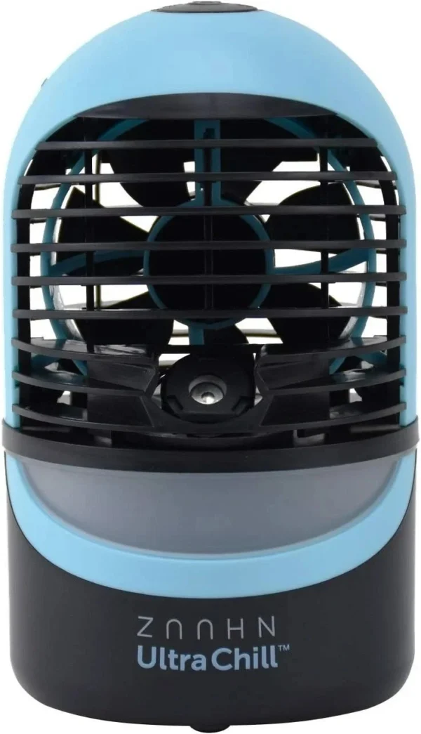 New Zaahn Ultra Chill Deluxe Personal Cooler in light blue and black, showing the front fan and misting nozzle.